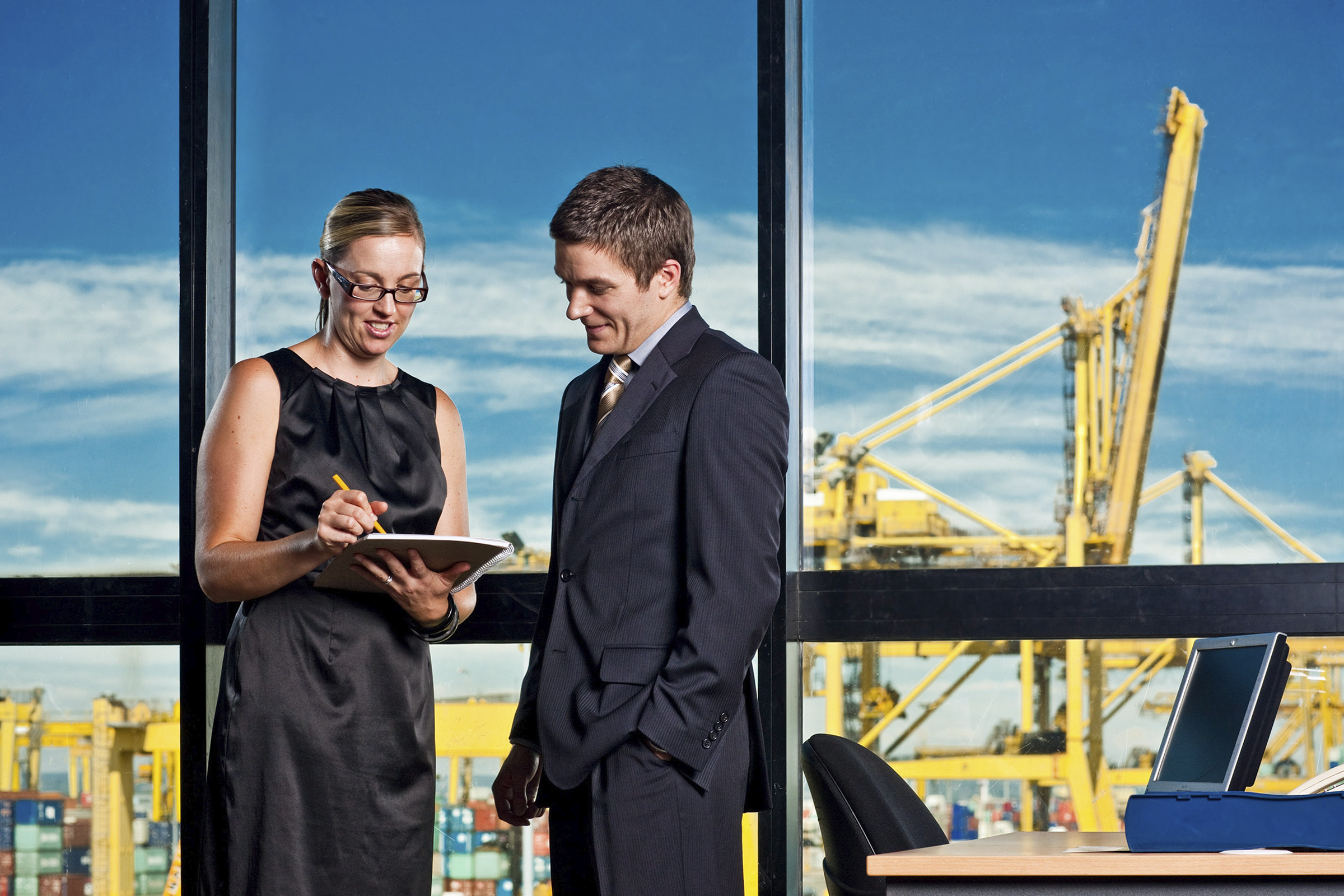 Corporate editorial location Annual Report photography VISA Global male & female Port Botany background